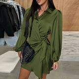 MQTIME  -  Elegant Lapel Collar Long Sleeve Mini Dress Fashion Hight Waist Button Satin Shirt Dress Casual Long Sleeve Solid Women's Dress
