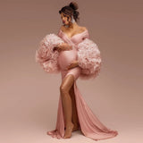 MQTIME  -  Chic Pink 3D Floral Maternity Photoshoot Dresses with Rose Cape 2 Pieces платье для беременных Pregnancy Gown