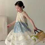MQTIME  -  Girls Dress Spring and Summer New Childrens Clothing Korean Style Girl Baby Lace Splicing Flower Hanging Neck Halter Dress