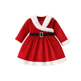 MQTIME  -  0-4Y Little Girls Christmas Party Dress Santa Terry Trim Long Sleeve V-Neck A-Line Velvet Knee Length Dress