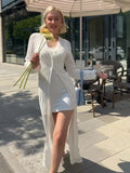 MQTIME  -  Deep V Cardigan Dresses Women Hollow Sexy Single-breasted Long Cardigan Summer White Slim-fit Long Sleeve Vacation Ladies Robe