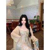 MQTIME  -  Summer Floral Printed Long Dress Women Patchwork Lace Chiffon Fairy Dress Casual Gold Stamping Bow Tie Suspender Dress