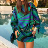 MQTIME  -  Style Fashionable Women's Patchwork Printed Round Neck Lace Up Long Sleeved Dress