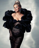 MQTIME  -  Luxury Black Lace Maternity Dress Photoshoot See‑Through Ruffle Mermaid Pregnancy Dress with Shawl 2 Pieces Baby Shower Gown