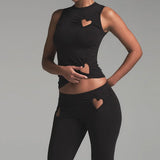 MQTIME  -  Casual Trendy Chic Set Heart Hollow Top Micro Pull Pants Stylish Summer Party Outfit Solid Color Sleeveless Vest Sexy Hot Girl
