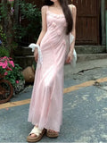MQTIME  -  French Lace three-dimensional Floral texture Pink Spaghetti Strap Dress For Women, Summer Tulle Fishtail Long Dress