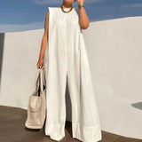 MQTIME  -  Casual Women's O-Neck Sleeveless Wide Leg Romper 2025 Spring Festival Office Jumpsuit Elegant Solid Wide Leg Pants One Piece