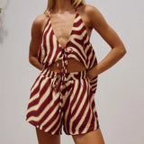 MQTIME  -  Vacation Casual Bohemian Outfit Sexy Deep V Lace Up Top and Shorts Summer 2 Piece Set Vintage Pattern Printed Beach Women's Set
