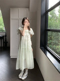 MQTIME  -  Summer New Women's Sweetheart Green Flying Sleeves Dress with Folded Patched Wood Ear Edge Loose Style Long Dress