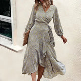 MQTIME  -  Printing Maxi Dress V Neck Bandage Boho Holiday Dress Long-sleeved Belt Lace-up Vestidos Ruffled Beach Dresses