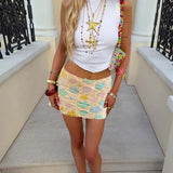 MQTIME  -  Flower Print Shiny Sequin Sexy Mini Skirt New 2025 High Waist Slim Fit Wrap Hip Skirt Casual Women's Cocktail Party Short Skirt