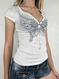  MQTIME  -  Streetwear Casual Butterfly Print V Neck Short Sleeve Slim Knitted All Match T-shirts