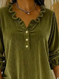 MQTIME  -  New Corduroy Solid Pullovers Elegant Lantern Long Sleeve Loose Tops Autumn New Simple V-neck Ruffles Commute Tops For Women