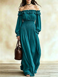 MQTIME  -  Women Off‑Shoulder Ruffle Maxi Dress Long Lantern Sleeve Smocked Waist Bohemian Flowy Long Dress Casual Beach Vacation Sundress