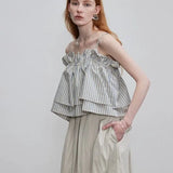  MQTIME  -  Summer Short Korean All Match Striped Print Slash Neck Spaghetti Strap Camis