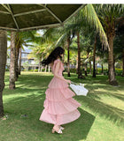 MQTIME  -  New French Sweet Pink Ruffles Beach Holiday Sleeveless Dress Women O-neck Slim Print Midi Tank Cake Long Dress Vestidos