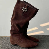 MQTIME  -  Women's Calf Boots Spring Slouchy Boots Sheepskin Ruched Low Heel Pointed Toe Mid Calf Knee High Denim Cowboy Riding Boots