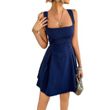 MQTIME  -  Spring Summer New Vestidos Simple Solid Color Women Dress Elegant Square Neck Female Strap Dresses