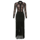 ﻿ MQTIME  -  Sexy See Through Mesh Lace Long Sleeve Shirts Top + Tassel High Waist Bodycon Maxi Skirts Women Fashion 2 Piece Set Party Suits