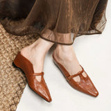 MQTIME  -  Vintage Brown Soft Leather Mules Women Square Toe Buckle T Strap Low Heel Slingback Slippers Female Casual Outdoor Slides Shoes