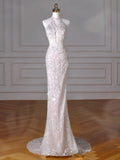MQTIME  -  Elegance Evening Dress Pearl Halter V-neck Shiny Sequins Backless Trailing Mermaid Party Banquet Wedding Bride Prom Gowns