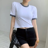 MQTIME  - Women Korean Fashion Patchwork Skinny Elastic Summer Short Tops Blue Casual O-neck Short Sleeve T-shirts Female Tees Streetwear