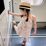 MQTIME  -  Vintage 100% Linen Flower Print Girls Dress With Pockets Summer New Baby Girl Sleeveless Casual Loose Spaghetti Strap Dresses