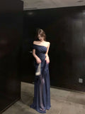 MQTIME  -  Mesh Navy Glitter Off Shoulder Mermaid Maxi Dress Women Ruched Bodycon Summer Sheer Elegant Slash Neck Long Evening Party Gown