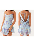 MQTIME  -  Women s Floral Print Spaghetti Strap Backless Tie-up A-line Dress Sleeveless Summer Mini Dress with V-neck