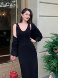 MQTIME  -  Autumn Vintage Two Piece Set Women French Style V-neck Slim Solid Midi Dress Set Female Long Sleeve Chic Party Dress Suit 2024