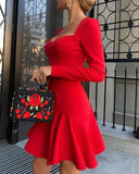 MQTIME  -  Women Casual A Line Long Sleeve Asymmetrical Neck Ruffles Dress Daily Temperament Commuting Autumn Fashion Plain Women's Dresses