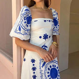 MQTIME  -  Summer Dress Elegant Women Flower Printed Maxi Dress High Waisted Short Sleeve Square Collar Summer Fashion Holiday Dresses