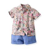 MQTIME  -  Boy's Summer Suit Printed Flower Short-sleeved Shirt and Strap Shorts with Bow Tie Pure Cotton 2-8 Years-old Boy 70-130cm