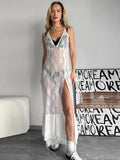 MQTIME  -  Sexy Lace Sling Long Dress Women See Through V Neck Sleeveless Split Ruffles Party Dress 2024 Fashion Solid High Waist Robes