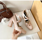 MQTIME  -  Ballet Style Fashion Satin Cross Strap Women Pumps Spring Summer Mary Janes Thick High Heels Lolita Ballet Dancing Chunky Shoes