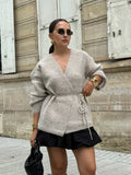 MQTIME  -  Women's Elegant V-neck Lace Up Cardigan Long Sleeved Solid Color Loose Knit Sweater Autumn Winter New Lady Street Knitwear 2024