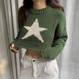 MQTIME - Star Print Autumn O-Neck Knitted Sweater Vintage Solid Basic Casual Slim Short Pullover Korean Fashion Simple Chic Jumpers Tops