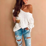 MQTIME  -  Women Fashion Pullovers V Neck Full Sleeve Loose Fit Jumpers Solid Color White Knitwear Soft Velvet Sweaters