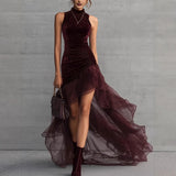 MQTIME  -  Seasonal Hot Selling Velvet High Neck Sleeveless Slim Fit Irregular Hem Chiffon Trailing Dress