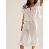 MQTIME  -  Women Embroidery Lace Ruffle Hem 2Pcs Pajama Set Y2k Bow Tie Button Front Puff Sleeve Babydoll Top+Crop Blommer Pants