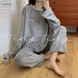 MQTIME  -   New Fall Winter Women Loungewear Fleece Stripe Pajama Set Girl Lady Round Neck Solid Color Homewear Soft Home Clothes Woman Teen