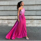 MQTIME  -  One Shoulder Pleated A-line Party Dress Sleeveless Elegant Evening Vestidos Backless Gradient Color Femme Club Dress