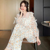 MQTIME  -  Sweet Cherry Printing Chicly Lace Female Pajamas Set Autumn New Fashion Lace-up Loose Simple Casual Pajamas for Women