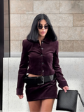 MQTIME  -  Velvet Women Sets Mini Skirt Set Slim Fit Long Sleeved Single Breasted Short Blazer Coat Leather Belt Short Skirts Lady Outfit