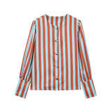 MQTIME  -  Autumn New Female Chic Blouse Women's Loose Fit Striped Print Shirt O-neck Puff Sleeve Single Breasted Simple Casual Top