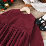  MQTIME  -  Girls Corduroy Dress Autumn Winter New Round Neck Warm Princess Dress Waist Pleated Back Buttons Long-Sleeved Dresses For Kids