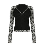 MQTIME  -  Women's Gothic Solid Color Lace Tops Long Sleeve Sexy V Neck Tie-up Front Slim Fit T-Shirts Blouses Club Streetwear