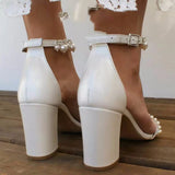 MQTIME  -  New Block Heel Sandals Summer Wedding White Mid Heel Pearl String Open Toe Plus Size Strappy Sandals