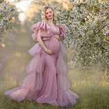 MQTIME  -  V Neck Maternity Gowns for Photo Shoot Dusty Pink Sleeveless Gala  Robes Tiered Ruched Babyshower Gowns for Women Dressing