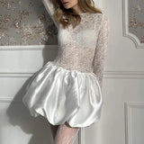 MQTIME  -  Elegant Pure Color Embroidery Short Dress Sexy See-through O Neck Party Mini Dress 2025 New Long Sleeve Lace Spliced Satin Dress